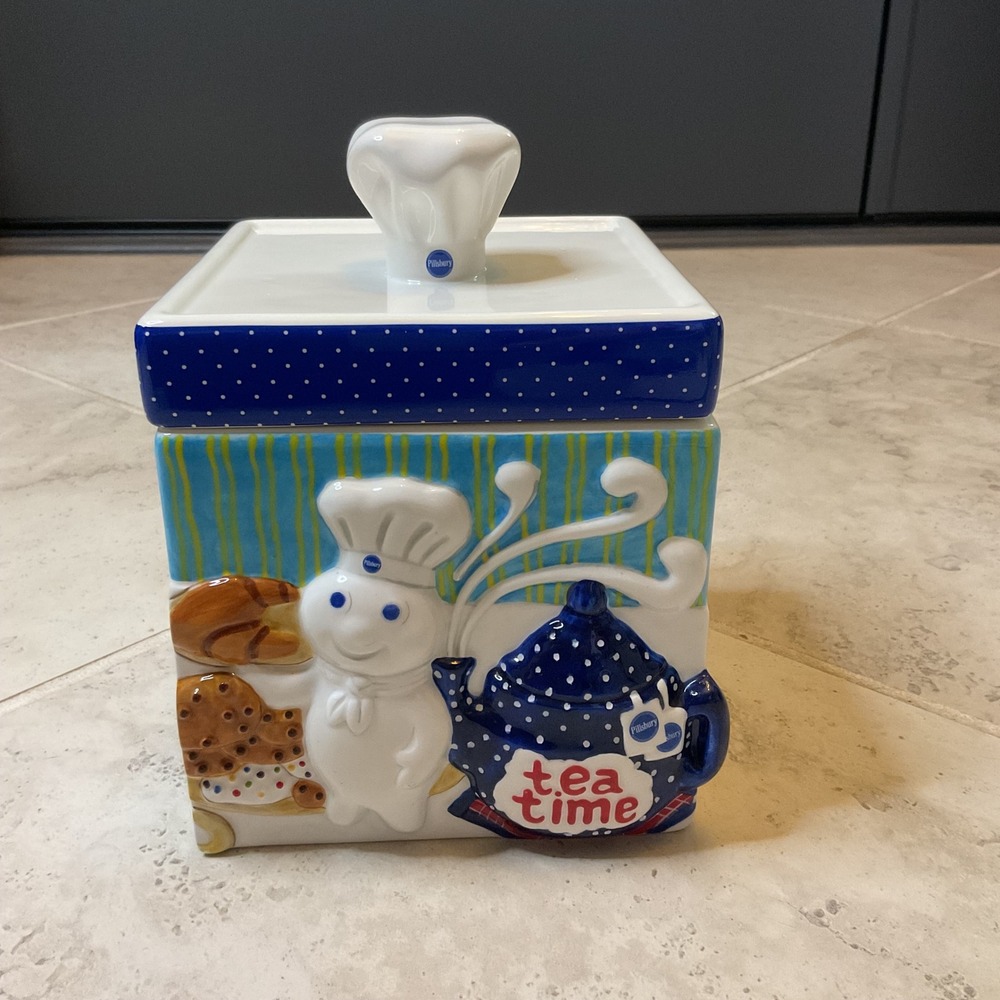 Pillsbury Doughboy Danbury Mint Tea Time Ceramic Canister Jar Blue White 3D Lid